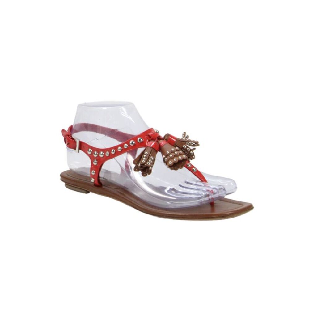 Prada Womens Leather Tassel Detail Studded Thong Sandals Shoes Red Sz 7